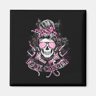 Fck Cancer Skull Messy Bun Pink Breast Cancer Awar Magnet