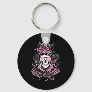 Fck Cancer Skull Messy Bun Pink Breast Cancer Awar Schlüsselanhänger