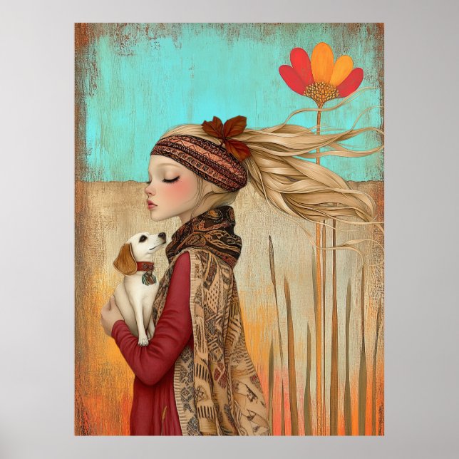 *~* FD2 Dog Fall Whimsical Girl Herbst Retro 15 Poster (Vorne)