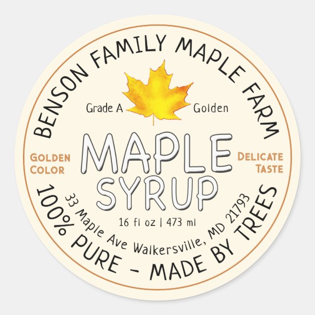 FDA-konformes Ahornsirup, hergestellt von BÄUMEN L Runder Aufkleber (Vorderseite)