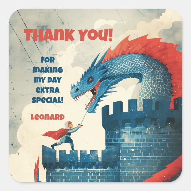 Fearless Knight and Dragon Birthday Party Quadratischer Aufkleber (Vorderseite)