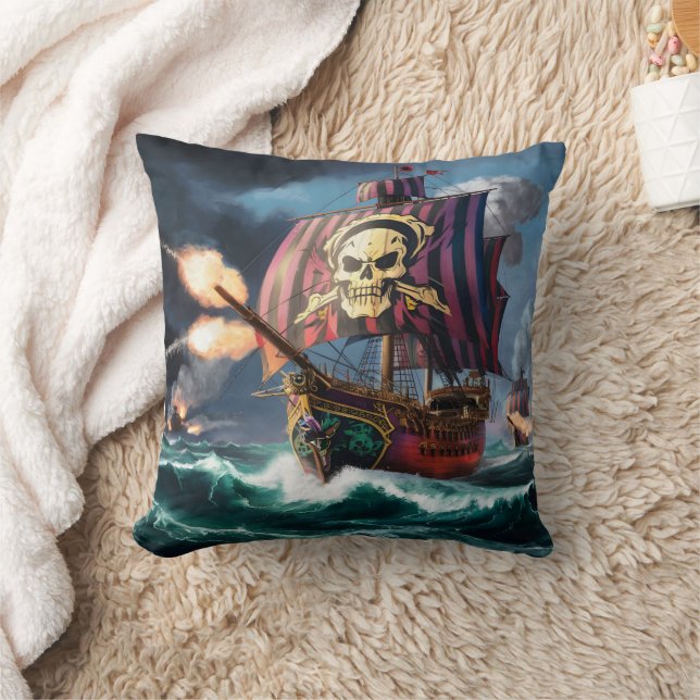 Fearsome Pirate Ship Battles on Stormy Sees Kissen (Decke)