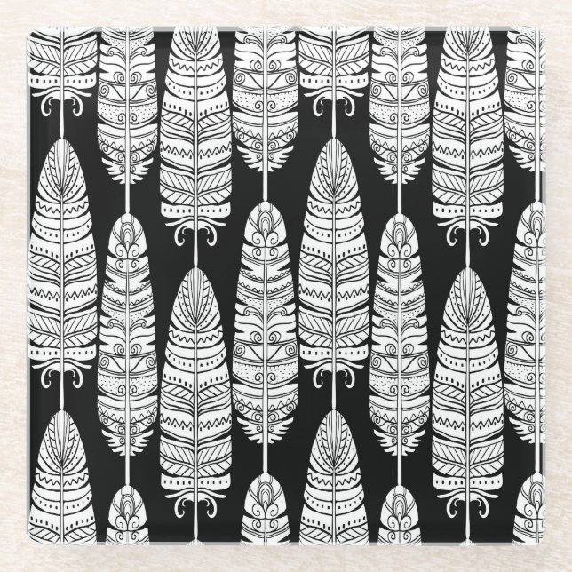 Feathboho: Schwarzweißmuster Glasuntersetzer (Vorderseite)