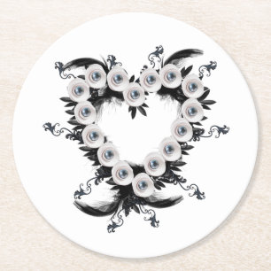 Feather and Black Pearl Heart Shape Runder Pappuntersetzer