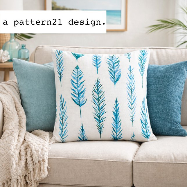 feather and fern blues pattern kissen (Watercolor fern pillow adds fresh blue botanical pattern to relaxed coastal interiors)