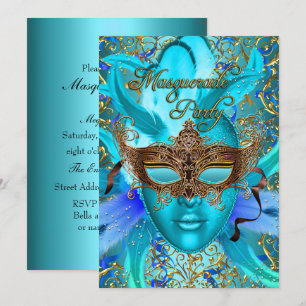 Feather Aquamarin Gold Masquerade Party laden Einladung