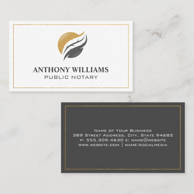 Feather Logo | Gold Border Frame Business Card Visitenkarte (Vorne/Hinten)