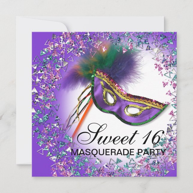 Feather Mask Lila Sweet 16 Masquerade Party Einladung (Vorderseite)