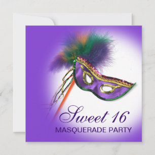 Feather Mask Lila Sweet 16 Masquerade Party Einladung