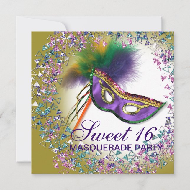 Feather Mask Lila Sweet 16 Masquerade Party Einladung (Vorderseite)