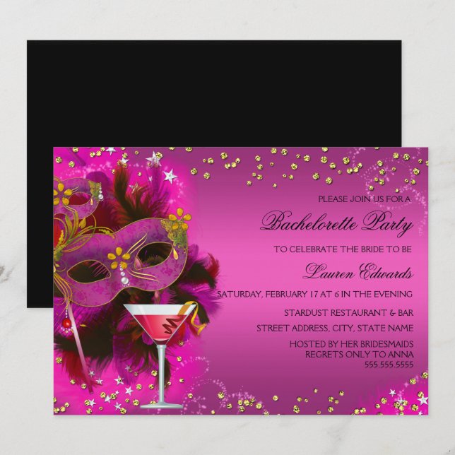 Feather Mask Masquerade Junggeselinnen-Abschied la Einladung (Vorne/Hinten)