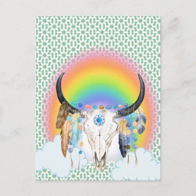 Feather Skull & Rainbow Postkarte (Vorderseite)