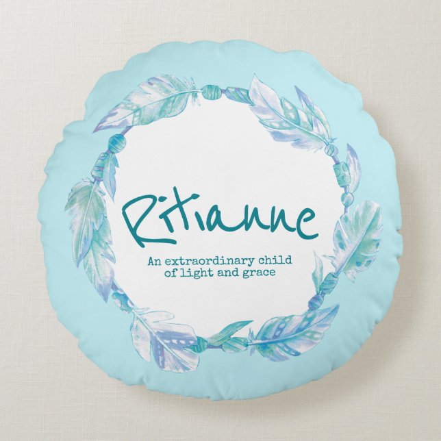 Feather wassercolor name bedeutet Ritianne aqua Rundes Kissen (Vorderseite)