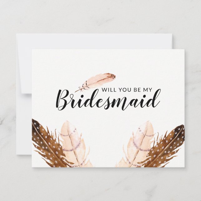 Feather Watercolor Bridesmaid Einladung (Vorderseite)