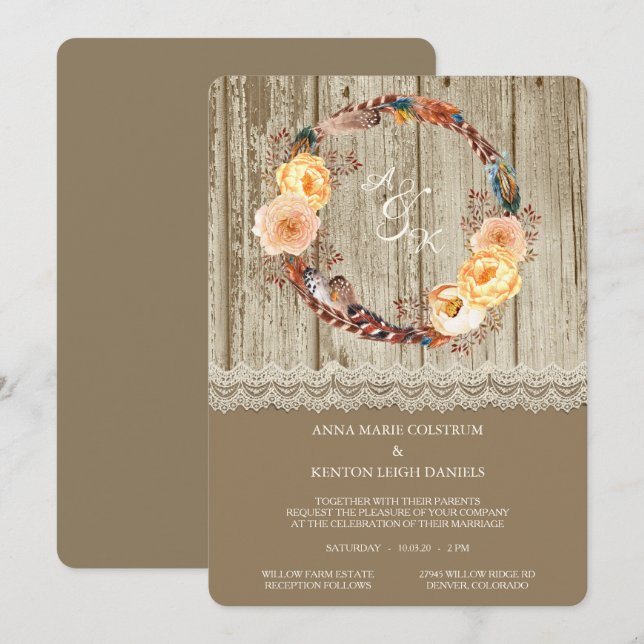 Feather Wreath Rustic Wood Wedding Einladung (Vorne/Hinten)