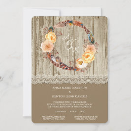 Feather Wreath Rustic Wood Wedding Einladung