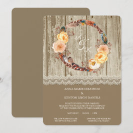 Feather Wreath Rustic Wood Wedding Einladung