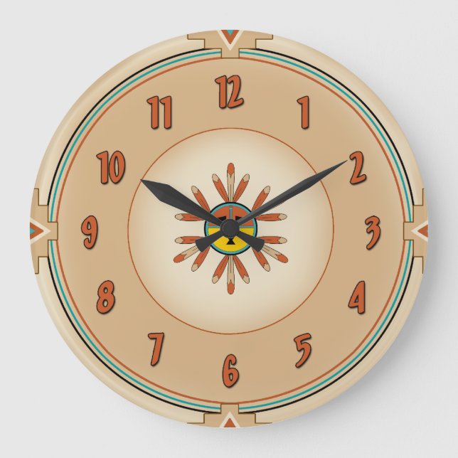 Feathered Kachina Sun Face Große Wanduhr (Vorderseite)