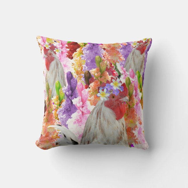 Feathers and Blooms: Rooster unter den Hollyhocks Kissen (Vorderseite)