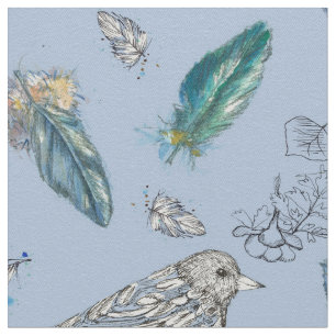 Feathers Birds Blätter Zeichnend Nature Blue Stoff