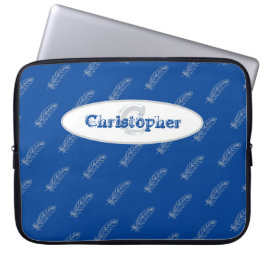 Feathers Blue White Modern Monogram Name Template Laptopschutzhülle