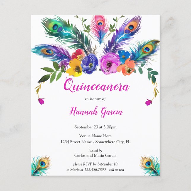 Feathers & Blume Budget Quinceañera Einladung (Vorderseite)