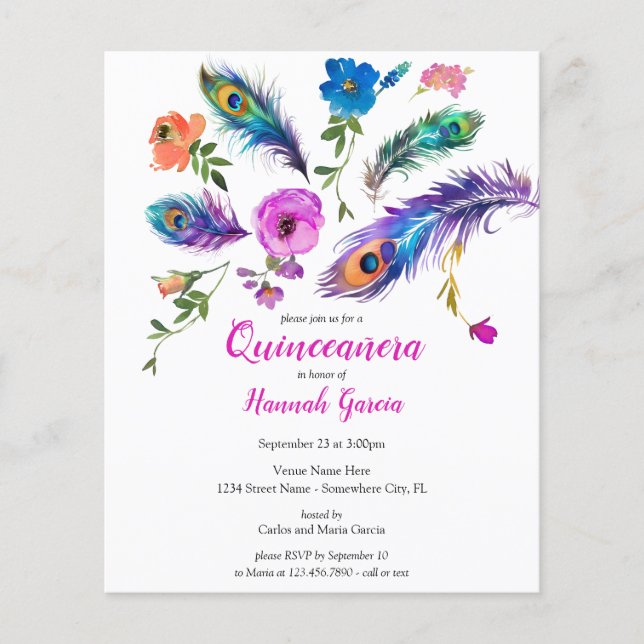 Feathers & Blume Budget Quinceañera Einladung (Vorderseite)