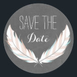 Feathers   Chalkboard Save the Date Aufkleber<br><div class="desc">Ein Save the Date Aufkleber mit einer Abbildung eines Federn-Paares. Hintergrund ist Kalkboard inspiriert.</div>