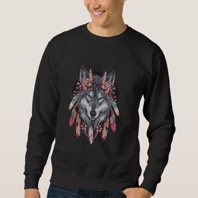 Feathers Men Women Wolf Portrait Kids Boho Wolf Sweatshirt (Vorderseite)