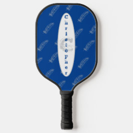 Feathers Muster White Blue Modern Monogram Pickleball Schläger