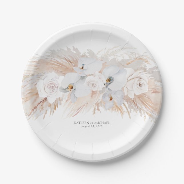 Feathery Pampas Grass and White Orchids Hochzeit Pappteller (Vorderseite)
