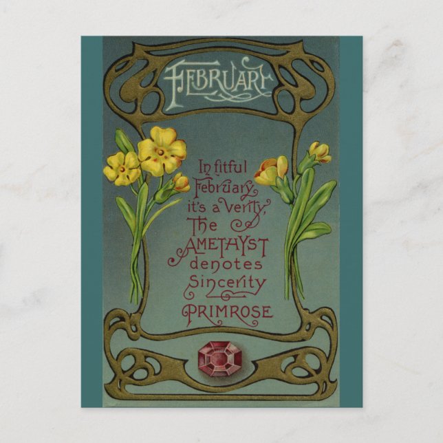 Februar Geburtstag Primrose & Amethyst Postkarte (Vorderseite)