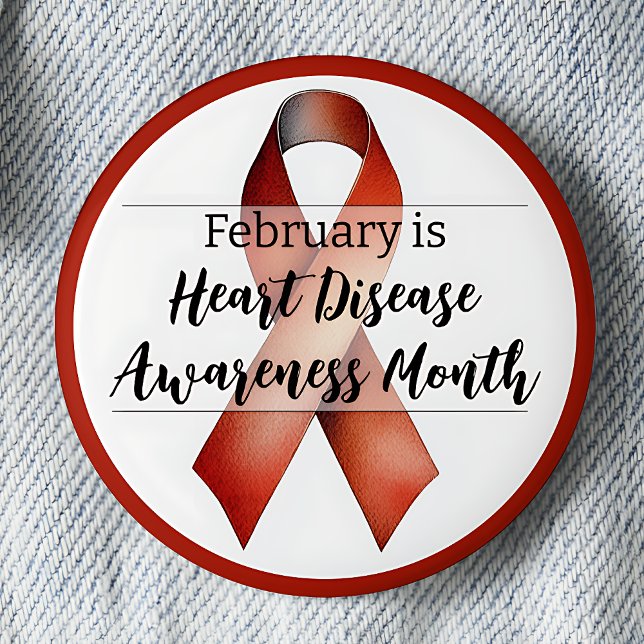 Februar Herzerkrankungen Aufklärung Monat Band Button (February is Heart Disease Awareness Month pinback button.  Red awareness ribbon.)