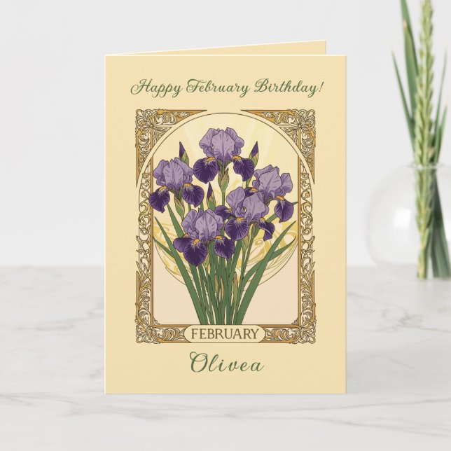 February Irises Birth Flower Art Nouveau Style Karte (Vorderseite)