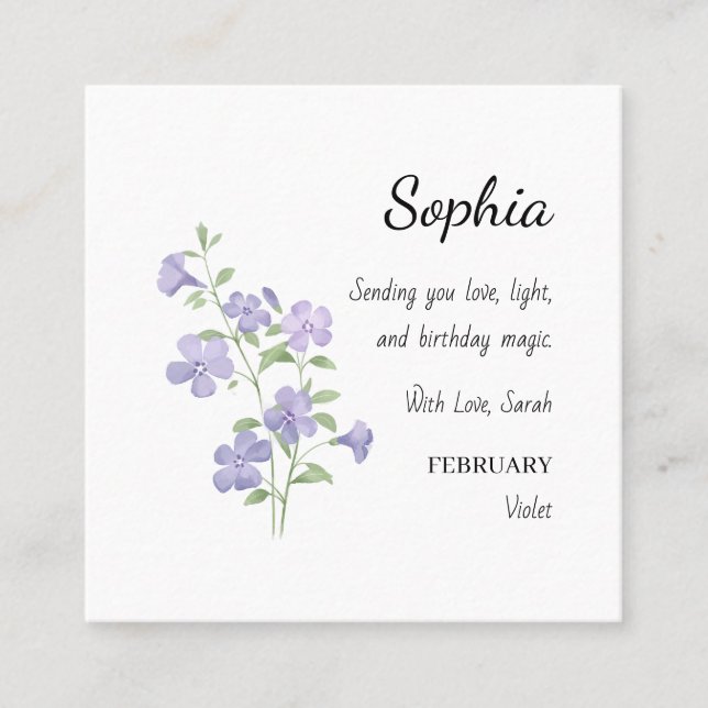 February Violet Personalized Birthday Quadratische Visitenkarte (Vorderseite)