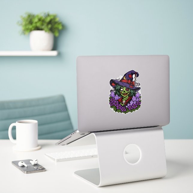 February Zombie Witch with Gems and Flowers Aufkleber (Laptop auf Schreibtisch)