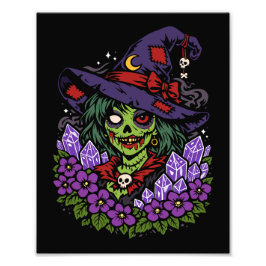 Feburarier Zombie-Hexe mit Edelsteinen und Blumen Fotodruck