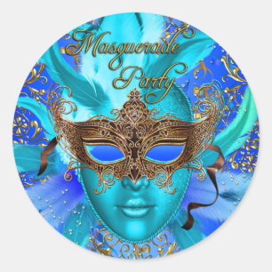 Feder Blau & Gold Maskenparty-Aufkleber Runder Aufkleber