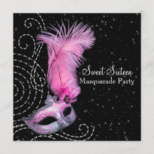 Feder-Maske Pink Schwarz Sweet 16 Maskenball-Party Einladung