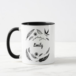 Feder, Vogel und Blätter Linienkunst Benutzerdefin Tasse