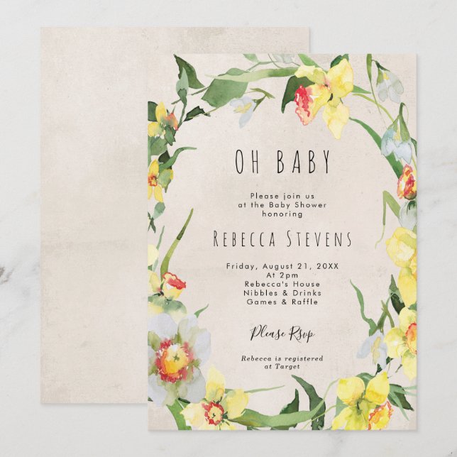 Federblume Daffodien Babydusche Einladung (Vorne/Hinten)