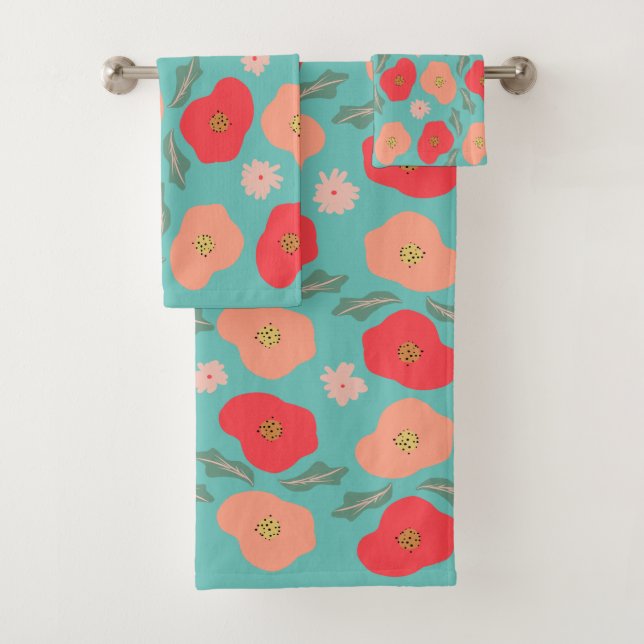 Federblumenmuster, handgezogenes Aquamarines Peach Badhandtuch Set (Insitu)