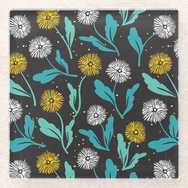 Federkronen-Blume und Blätter Design Glasuntersetzer (Vorderseite)