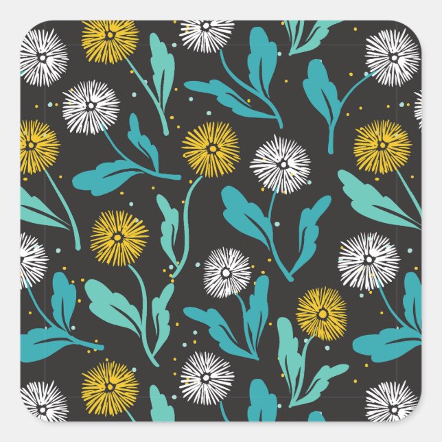 Federkronen-Blume und Blätter Design Quadratischer Aufkleber (Vorderseite)