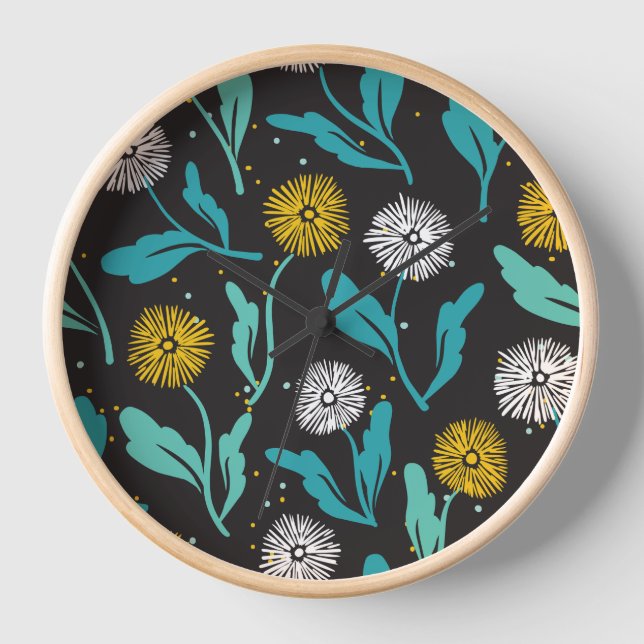 Federkronen-Blume und Blätter Design Uhr (Vorderseite)