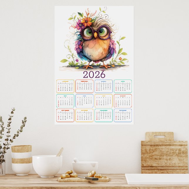 Federn & Blumen: 2026 Eulen-Kalender Poster (Küche)