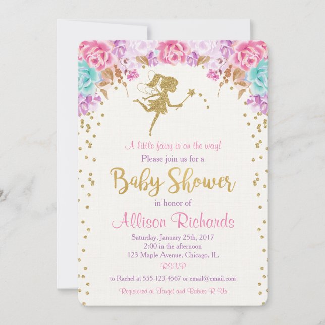 Fee-Baby-Dusche Einladung Rosa und Gold (Vorderseite)