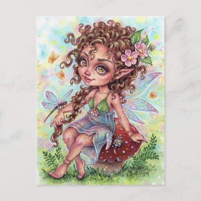 Fee Darling Postcard Fairy Mushroom Dragonfly Postkarte (Vorderseite)
