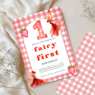Fee erster 1. Strawberry Gingham Geburtstag Einladung