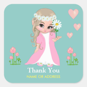 Fée et fleurs Merci sur autocollant bleu clair